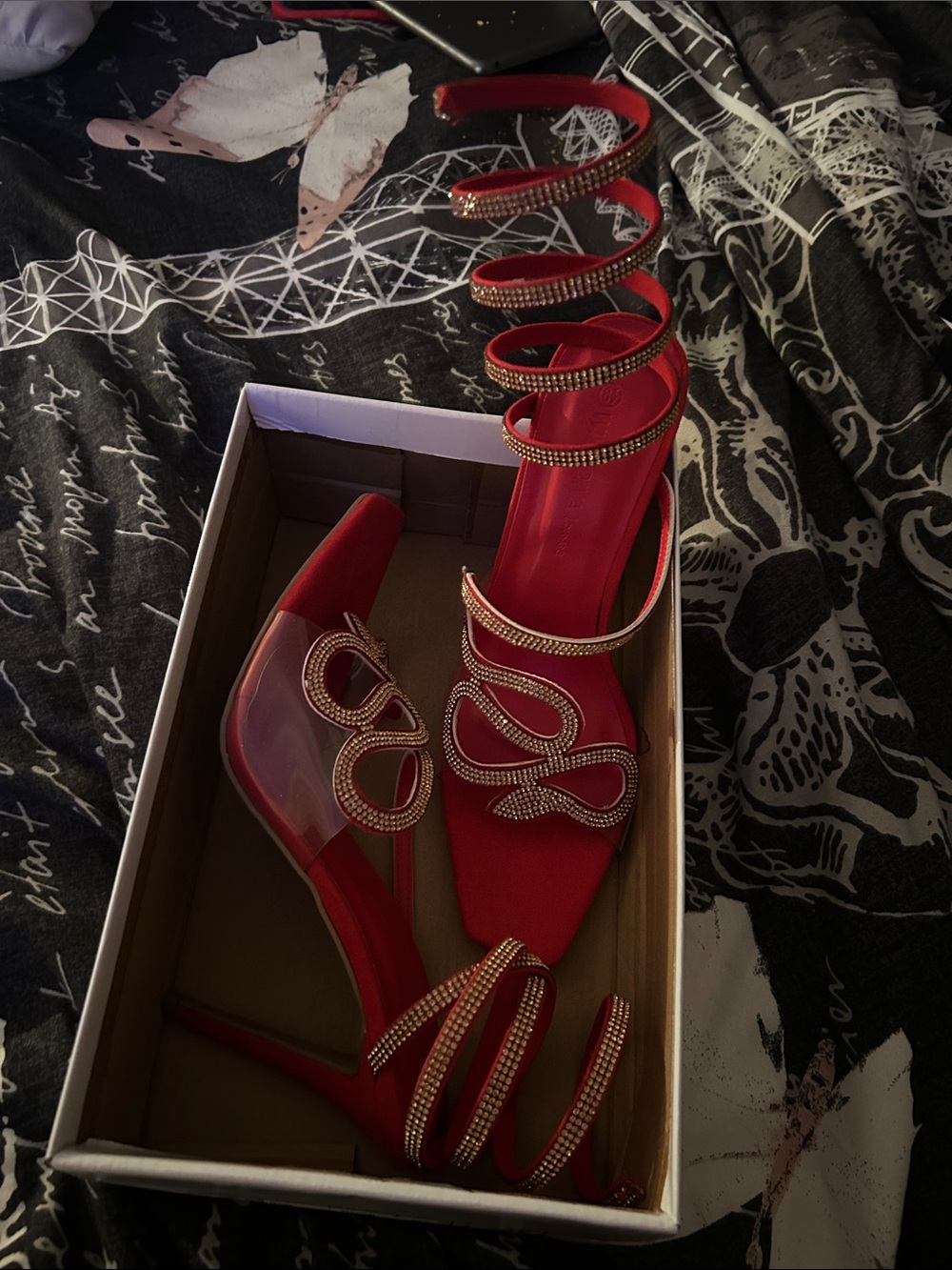 Wild Diva Red Crystal Spiral-Strap High Heels